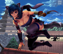 Rule 34 | 1girl, animal ears, arm tattoo, armor, blood, bloody weapon, blue hair, breasts, cat ears, cat tail, catamancer, cleavage, commentary, day, death, decapitation, fingernails, greaves, highres, holding, holding weapon, jumping, large breasts, making-of available, ninja, outdoors, purple eyes, purple thighhighs, reverse grip, ryu shou, sandals, scarf, sharp fingernails, short sword, slit pupils, solo focus, strapless, sword, tabi, tail, tattoo, thighhighs, tube top, vambraces, weapon