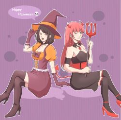 Rule 34 | 2girls, armband, bad id, bad pixiv id, black gloves, black hair, boots, breasts, brown eyes, cleavage, crossed legs, demon girl, demon horns, demon tail, detached sleeves, dress, gloves, green eyes, happy halloween, hat, high heel boots, high heels, highres, horns, kneehighs, long hair, medium breasts, medium hair, miki (miki125dragon), mole, mole under eye, mole under mouth, multiple girls, one eye closed, open mouth, original, pink hair, polearm, puffy short sleeves, puffy sleeves, short sleeves, smile, socks, strapless, strapless dress, tail, thigh boots, thighhighs, trident, underbust, weapon, witch hat