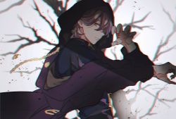 Rule 34 | 1boy, bare tree, black shirt, brown hair, chain, chromatic aberration, claw pose, closed mouth, coat, from side, grey eyes, hair between eyes, highres, hood, hood up, hooded coat, kotobuki reiji, looking at viewer, looking to the side, male focus, mofmofqueue, off shoulder, official alternate costume, outstretched hand, purple coat, shirt, short hair, solo, tree, upper body, uta no prince-sama, white background