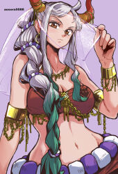 Rule 34 | 1girl, alternate costume, alternate hairstyle, aosora2823, arm at side, armlet, artist name, bandeau, blush, bracelet, braid, breasts, brown eyes, cleavage, closed mouth, collarbone, curled horns, earrings, fingernails, green hair, grey hair, hand up, harem outfit, highres, horn ornament, horns, jewelry, large breasts, leaning to the side, lifted by self, long hair, looking at viewer, midriff, multicolored hair, multicolored horns, navel, necklace, one piece, oni, purple background, red horns, simple background, solo, stomach, strapless, upper body, veil, veil lift, very long hair, yamato (one piece), yellow horns