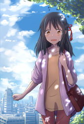 Rule 34 | 10s, 1girl, bag, black hair, blush, braid, brown eyes, building, clenched hand, cloud, collarbone, cowboy shot, crying, crying with eyes open, day, hair ribbon, highres, kimi no na wa., long hair, md5 mismatch, miyamizu mitsuha, mori souchou, aged up, outdoors, ribbon, sky, solo, spoilers, standing, tears, tree