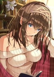 Rule 34 | 1girl, bare shoulders, blue eyes, blush, book, bookshelf, breasts, brown hair, brown hairband, closed mouth, collarbone, commentary request, flower, hair between eyes, hairband, hand up, head tilt, idolmaster, idolmaster cinderella girls, indoors, long hair, looking at viewer, medium breasts, migimaki (migi mawashi), off-shoulder, off-shoulder sweater, off shoulder, open book, plaid, ribbed sweater, sagisawa fumika, solo, sweater, white flower