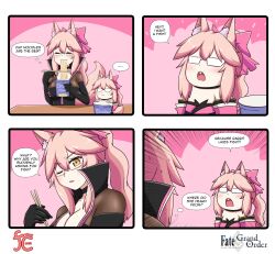 Rule 34 | 2girls, animal ear fluff, animal ears, black bodysuit, bodysuit, bow, breasts, center opening, choker, cleavage, closed eyes, closed mouth, collarbone, cup ramen, detached sleeves, eating, english text, eyewear strap, fate/grand order, fate (series), fox ears, fox girl, fox tail, glasses, grey-framed eyewear, highres, hip vent, japanese clothes, keita naruzawa, kimono, koyanskaya (assassin) (first ascension) (fate), koyanskaya (fate), large breasts, mini person, minigirl, multiple girls, one eye closed, open bodysuit, open clothes, open mouth, pink bow, pink hair, pink kimono, side ponytail, speech bubble, tail, tamamo (fate), thighs