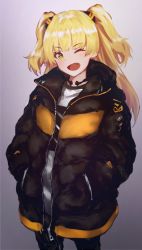 Rule 34 | 1girl, ;d, bad id, bad pixiv id, black jacket, black pants, blonde hair, blush, brown background, commentary request, cowboy shot, fang, green eyes, hair ornament, hands in pockets, head tilt, highres, idolmaster, idolmaster cinderella girls, jacket, jougasaki rika, long hair, long sleeves, one eye closed, open clothes, open jacket, open mouth, pants, puffy long sleeves, puffy sleeves, rorona s., shirt, smile, solo, two side up, white shirt