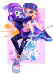 Rule 34 | 1boy, 1girl, :d, artist name, beanie, black pants, blue eyes, border, carrying, carrying person, chinese commentary, citrusplatsoda, closed mouth, commentary request, cross-laced footwear, eyebrow cut, eyewear on head, fangs, full body, green eyes, hat, highres, inkling, inkling girl, inkling player character, long hair, medium hair, nintendo, octoling, octoling boy, octoling player character, open mouth, orange hair, outside border, pants, purple background, purple hair, purple hat, shoes, smile, splatoon (series), splatoon 3, sunglasses, tentacle hair, white border