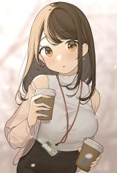 Rule 34 | 1girl, bad id, bad twitter id, bare shoulders, blush, breasts, brown eyes, brown hair, coffee cup, cup, disposable cup, earrings, highres, id card, jewelry, lanyard, long hair, looking at viewer, medium breasts, office lady, ol mahonanoka, open mouth, original, shirt, skirt, solo, turtleneck
