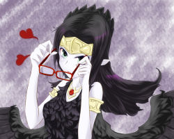 Rule 34 | armband, black hair, breasts, duel monster, emblem, fabled grimro, feathers, glasses, green eyes, heart, holding, jewelry, necklace, tiara, wings, yu-gi-oh!
