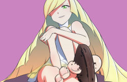 Rule 34 | 1girl, between toes, blonde hair, chocolate, creatures (company), feet, foot focus, from below, game freak, green eyes, hair over one eye, holding with feet, long hair, looking at viewer, lusamine (pokemon), melting, nintendo, pokemon, pokemon sm, pov, sitting, smile, toes, yamauchi (conan-comy)