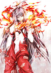 Rule 34 | 1girl, arm up, bow, female focus, fire, fire, fujiwara no mokou, hair bow, hair ribbon, hand in pocket, highres, long hair, ofuda, open pants, painfultree, pants, red eyes, ribbon, shirt, silver hair, solo, suspenders, touhou