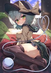 Rule 34 | 1girl, absurdres, black hat, black thighhighs, blurry, blurry background, bow, breasts, closed mouth, commentary request, dfra, eyeball, feet, frilled skirt, frills, full body, green eyes, green hair, green skirt, hat, hat bow, heart, heart-shaped pupils, heart of string, highres, indoors, komeiji koishi, long sleeves, looking at viewer, medium breasts, medium hair, miniskirt, no shoes, shirt, sitting, skirt, smile, solo, symbol-shaped pupils, thighhighs, thighs, third eye, toes, touhou, yellow bow, yellow shirt