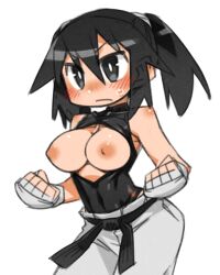 Rule 34 | 1girl, belt, black belt, black eyes, black hair, black leotard, blush, breasts, breasts out, cannsk, cleavage cutout, clenched hands, clothing cutout, commentary request, cowboy shot, ears visible through hair, fingerless gloves, gloves, grey gloves, grey pants, kurogane arumi, large breasts, leotard, light frown, mma gloves, nipples, original, pants, solo, sweatdrop, twintails