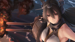 Rule 34 | 10s, 1girl, absurdres, bare shoulders, black gloves, breasts, brown eyes, brown hair, closed mouth, enosan, fingerless gloves, from above, gloves, hair between eyes, highres, kantai collection, machinery, medium breasts, nagato (kancolle), smoke, solo, upper body