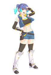 Rule 34 | 1girl, belt, black gloves, black thighhighs, blue hair, blue jacket, blue shorts, body markings, boots, brown eyes, commentary request, crop top, cropped jacket, elbow gloves, fiery hair, fingerless gloves, full body, gloves, hand on own hip, highres, jacket, knee boots, looking at viewer, midriff, mizss, navel, one eye closed, open clothes, open jacket, salute, sena (xenoblade), short hair, shorts, simple background, smile, solo, standing, teeth, thighhighs, white background, white footwear, xenoblade chronicles (series), xenoblade chronicles 3, yellow trim