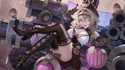 Rule 34 | 1girl, :d, asc11, boots, breasts, brown footwear, brown hair, brown sleeves, cleavage, cleavage cutout, clothing cutout, crossed legs, detached sleeves, full body, hat, headband, highres, honkai (series), honkai impact 3rd, large breasts, long hair, looking at viewer, mecha, one eye closed, open mouth, purple eyes, robot, sitting, sleeveless, sleeveless jacket, smile, solo, thigh boots, thighs, top hat, vill-v