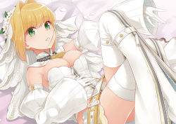 Rule 34 | 1girl, ass, bare shoulders, belt, blonde hair, breasts, bridal veil, chain, cleavage, commentary request, crossed legs, detached collar, detached sleeves, dress, fate/grand order, fate (series), flower, full-length zipper, gloves, green eyes, ha-ru, hair intakes, hand on own stomach, hand up, juliet sleeves, knees up, lock, long sleeves, looking at viewer, lying, medium breasts, nero claudius (bride) (fate), nero claudius (bride) (second ascension) (fate), nero claudius (fate), nero claudius (fate) (all), on back, padlock, parted lips, puffy sleeves, sleeves past wrists, solo, thighhighs, thighs, veil, white dress, white flower, white gloves, white thighhighs, zipper, zipper pull tab