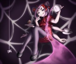 Rule 34 | 1girl, bow, cake, colored skin, extra arms, extra eyes, fangs, food, high heels, arthropod girl, monster girl, muffet, purple skin, ribbon, solo, spider girl, tea, teapot, thighhighs, undertale