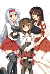 Rule 34 | 10s, 3girls, :d, akagi (kancolle), bike shorts, blush, boots, brown eyes, brown hair, hairband, hand on shoulder, headband, highres, hoppege, japanese clothes, kantai collection, long hair, looking at viewer, multiple girls, muneate, open mouth, personification, short hair, shoukaku (kancolle), silver hair, skirt, smile, taihou (kancolle), thigh boots, thighhighs