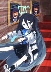 Rule 34 | 1girl, absurdres, aqua necktie, aris (blue archive), backwards long jump, black hair, black skirt, black socks, blue archive, blue eyes, brick wall, coat, collared shirt, commentary request, hair between eyes, hairband, halo, highres, indoors, long hair, long hair between eyes, long sleeves, mario (series), necktie, nintendo, one side up, p2p2hifumi, painting (object), pleated skirt, shirt, shoes, skirt, smile, socks, stairs, super mario 64, very long hair, white shirt, yuuka (blue archive)