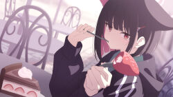 Rule 34 | 1girl, animal ears, black choker, black hair, black jacket, blue archive, cake, cake slice, cat ears, choker, colored inner hair, extra ears, food, fork, fruit, green sailor collar, hair ornament, hairclip, halo, highres, holding, holding fork, hood, hooded jacket, hoodie, incoming food, jacket, kazusa (blue archive), looking at viewer, medium hair, multicolored hair, pink eyes, pink hair, puffy cheeks, sailor collar, short hair, sitting, slit pupils, solo, strawberry, strawberry shortcake, two-tone hair, utensil in mouth, whipped cream, yako mashiro