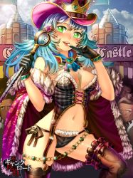 Rule 34 | 1girl, asou tomomi, bad id, bad pixiv id, blue hair, blush, breasts, cane, cleavage, corset, finger to mouth, furyou michi ~gang road~, garter straps, gloves, green eyes, hat, jairou, long hair, looking at viewer, open mouth, smile, solo, thighhighs