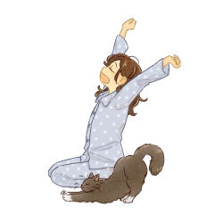 Rule 34 | 1girl, animal, arms up, black cat, blue pajamas, blue pants, blue shirt, brown hair, cat, clenched hands, closed eyes, collared shirt, dress shirt, floral print, full body, hair behind ear, highres, long hair, long sleeves, monaka (siromona), open mouth, original, pajamas, pants, pet, print pajamas, profile, seiza, shirt, simple background, sitting, solo, stretching, u u, waking up, wavy mouth, white background, wing collar, yawning