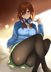 Rule 34 | 1girl, ass, black pantyhose, blue eyes, blue sweater, breasts, brown hair, closed mouth, collared shirt, commentary request, crossed legs, expressionless, feet out of frame, go-toubun no hanayome, green skirt, hair between eyes, twirling hair, hand up, headphones, headphones around neck, highres, knees up, long hair, looking at viewer, medium breasts, nakano miku, panties, panties under pantyhose, pantyhose, pleated skirt, see-through, shirt, sitting, skirt, sleeves past wrists, solo, sweater, underwear, white shirt, yykuaixian