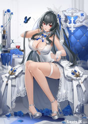 Rule 34 | 1girl, absurdres, adapted costume, anchor, azur lane, blue butterfly, blue flower, blue rose, bottle, breasts, bug, butterfly, character name, cleavage, commentary request, congqian you ke xing, cosplay, crossed bangs, cup, dated, dress, drinking glass, flower, grey hair, hair flower, hair ornament, hand on own cheek, hand on own face, high heels, highres, insect, large breasts, long hair, looking at viewer, official alternate costume, red eyes, rose, saint-louis (azur lane), saint-louis (azur lane) (cosplay), saint-louis (holy knight&#039;s resplendence) (azur lane), smile, thigh strap, white dress, wine bottle, wine glass