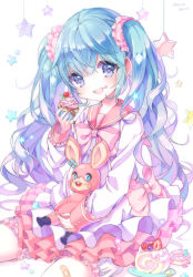 Rule 34 | 1girl, bandaid, blue eyes, blue hair, cupcake, eating, food, food on face, hatsune miku, lol -lots of laugh- (vocaloid), long hair, looking at viewer, matching hair/eyes, open mouth, sakura shiori, scrunchie, sitting, skirt, solo, star (symbol), stuffed animal, stuffed rabbit, stuffed toy, twintails, very long hair, vocaloid, white background