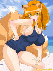 Rule 34 | :p, animal ears, brabustersystem, breasts, cleavage, covered erect nipples, facial mark, fox ears, fox tail, hands on own hips, huge breasts, magutan, multiple tails, one-piece swimsuit, orange hair, original, swimsuit, tail, thighs, tongue, tongue out, yellow eyes