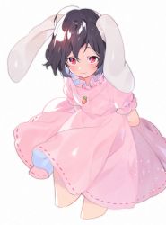 Rule 34 | 1girl, akagashi hagane, animal ears, arms behind back, black hair, carrot necklace, closed mouth, cropped legs, dress, inaba tewi, light smile, looking at viewer, necklace, pink dress, rabbit ears, red eyes, ribbon-trimmed dress, ribbon-trimmed sleeves, ribbon trim, short hair, short sleeves, simple background, solo, touhou, white background