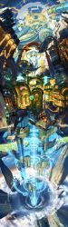 Rule 34 | 00s, aircraft, airship, ar tonelico, ar tonelico iii, city, cloud, dirigible, fisheye, floating continent, flying, glowing, gust, highres, hologram, long image, no humans, official art, scenery, science fiction, sky, tall image
