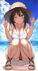 Rule 34 | 1girl, bare arms, bare legs, bare shoulders, beach, black hair, black panties, blue eyes, blue sky, blush, breasts, cleavage, cloud, collarbone, commentary request, day, dress, full body, hair between eyes, hands on headwear, hands up, hat, knees together feet apart, kureha (ironika), large breasts, legs, long hair, ocean, one eye closed, open mouth, original, outdoors, panties, pantyshot, parted lips, sandals, sky, sleeveless, sleeveless dress, smile, solo, squatting, straw hat, sundress, teeth, toes, tsubasa (kureha), underwear, upskirt, water, white dress