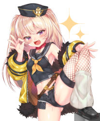 Rule 34 | 1girl, :d, anchor, azur lane, bache (azur lane), belt, black sailor collar, black shirt, black shorts, blonde hair, blush, breasts, collar, commentary request, fang, fishnet thighhighs, fishnets, fur-trimmed jacket, fur trim, haiba 09, hat, highres, jacket, leg warmers, long hair, looking at viewer, medium breasts, micro shorts, midriff, navel, neckerchief, off-shoulder jacket, off shoulder, ok sign, open mouth, purple eyes, sailor collar, shirt, shorts, simple background, smile, solo, spread legs, sweat, thighhighs, two side up, white background, yellow jacket