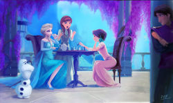 Rule 34 | 1boy, 3girls, anna (frozen), bare shoulders, blonde hair, blue dress, blue eyes, board game, braid, brown hair, carrot, chess, company connection, crossover, cup, ddf, disney, dress, drinking, elsa (frozen), eyeshadow, flower, flynn rider, freckles, frozen (disney), highres, long hair, makeup, multiple girls, official style, olaf (frozen), pink dress, rapunzel (disney), sequins, short hair, siblings, signature, single braid, sisters, spoilers, tangled, teacup, teapot, twin braids, wisteria