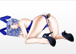 Rule 34 | 1girl, acht (jelly fish), all fours, anal, anal object insertion, animal ears, anus, asakura ryouko, ass, beads, blue eyes, blue hair, blush, censored, closed eyes, fake animal ears, food, from behind, high heels, long hair, looking back, matching hair/eyes, object insertion, playboy bunny, pussy, rabbit ears, rabbit tail, sex toy, simple background, solo, suzumiya haruhi no yuuutsu, sweat, tail, vaginal, vaginal object insertion