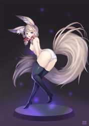 Rule 34 | 10s, 1girl, absurdres, animal ear fluff, animal ears, ass, bad id, bad pixiv id, blade &amp; soul, blonde hair, blue eyes, breasts, curly hair, earrings, fox ears, from behind, highres, jewelry, large tail, leaning forward, legs, long hair, long tail, looking back, lyn (blade &amp; soul), nipples, no pants, no shoes, panties, ribbon, single earring, small breasts, smile, solo, sosoa, tail, thighhighs, topless, twintails, underwear, white panties