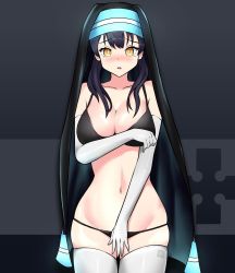 Rule 34 | 1girl, bare shoulders, bikini, black bikini, black hair, blush, breasts, bright pupils, cleavage, collarbone, covering privates, covering breasts, covering crotch, cowboy shot, elbow gloves, embarrassed, en&#039;en no shouboutai, freshtango, gloves, gradient background, groin, habit, highres, large breasts, long hair, looking at viewer, navel, nose blush, parted lips, skindentation, solo, standing, stomach, string bikini, swimsuit, tamaki kotatsu, thighhighs, veil, white gloves, white thighhighs, yellow eyes