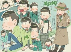 Rule 34 | &gt; &lt;, 10s, 6+boys, :&lt;, alternate costume, aoki (fumomo), backpack, bad id, bad twitter id, bag, black hair, bow, bowl cut, bowtie, character name, chibi, closed eyes, coat, denim, flying sweatdrops, formal, green background, green necktie, heart, heart in mouth, hood, hoodie, jeans, male focus, matsuno choromatsu, multiple boys, multiple persona, necktie, osomatsu-kun, osomatsu-san, osomatsu (series), pajamas, pants, pants rolled up, plaid, plaid pants, plaid shirt, seiza, shirt, simple background, sitting, smile, sparkle, suit, suspenders, traditional bowtie, trench coat