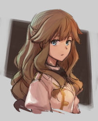Rule 34 | 1girl, black bow, black bowtie, blue eyes, bow, bowtie, brown hair, emoshon, eyebrows, facing away, fate/apocrypha, fate (series), fiore forvedge yggdmillennia, hair between eyes, highres, jacket, long hair, looking away, looking to the side, open mouth, puffy sleeves, shirt, solo, upper body, wavy hair, white jacket, white shirt