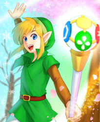 Rule 34 | 1boy, :d, arm warmers, belt, blonde hair, blue eyes, green tunic, holding rod, hood, link, male focus, medium hair, nintendo, open mouth, outdoors, petals, pointy ears, rod of seasons, sangachie, sidelocks, smile, snowflakes, snowing, solo, standing, the legend of zelda, the legend of zelda: oracle of seasons