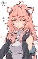 Rule 34 | 1girl, ahoge, animal ears, arknights, armor, bare shoulders, black jacket, blush, breastplate, earpiece, gravel (arknights), hair between eyes, headset, highres, jacket, long hair, mouse ears, musical note, off shoulder, open clothes, open jacket, pink hair, shino duka, simple background, smile, solo focus, spoken musical note, white background