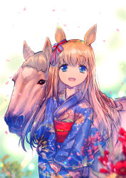 Rule 34 | 1girl, :d, alternate costume, animal ears, blue eyes, blue kimono, brown hair, creature and personification, grass wonder (racehorse), grass wonder (umamusume), highres, horse, horse ears, horse girl, japanese clothes, kimono, long hair, looking at viewer, multicolored hair, open mouth, smile, streaked hair, umamusume, usapenpen2019, white hair