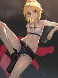 Rule 34 | 1girl, aito, bare shoulders, belt, blonde hair, boots, braid, breasts, cigarette, denim, denim shorts, fate/apocrypha, fate/grand order, fate (series), green eyes, hair ornament, hair scrunchie, highres, jacket, jewelry, long hair, looking at viewer, mordred (fate), mordred (fate/apocrypha), mordred (memories at trifas) (fate), narrow waist, navel, necklace, ponytail, red scrunchie, scrunchie, shorts, simple background, small breasts, smile, solo