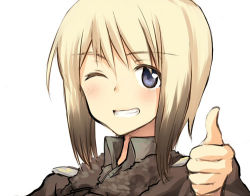 Rule 34 | 1girl, blonde hair, blue eyes, blush, erica hartmann, grin, lowres, one eye closed, portrait, sandwich (artist), simple background, smile, solo, strike witches, thumbs up, tsuchii (ramakifrau), wink, world witches series