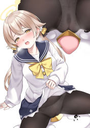 Rule 34 | 1girl, black pantyhose, blue archive, blush, bow, breasts, brown hair, collarbone, halo, heavy breathing, hifumi (blue archive), highres, low twintails, panties, panties under pantyhose, pantyhose, ren san, school uniform, simple background, sitting, sitting on object, solo, stuffed animal, stuffed toy, twintails, underwear, white background, white panties