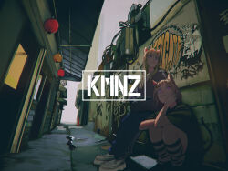 2girls against_wall alley animal_ears black_shirt blonde_hair blue_eyes blue_pants brown_hair building cat_ears cat_girl cat_tail closed_mouth day from_side frown graffiti group_name hands_in_pockets highres hood hoodie ken_sogen kmnz kneehighs lantern lita_(kmnz) liz_(kmnz) long_hair long_sleeves looking_at_viewer looking_to_the_side loose_socks multiple_girls outdoors pants paper_lantern pink_eyes platform_footwear purple_hoodie shirt shoes short_hair short_sleeves sneakers socks squatting striped_clothes striped_socks tail track_pants urban virtual_youtuber white_footwear