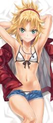 Rule 34 | 1girl, armpits, arms up, bikini, bikini under clothes, blonde hair, blush, breasts, cutoffs, denim, denim shorts, fate/grand order, fate (series), front-tie bikini top, front-tie top, green eyes, jacket, unworn jacket, jewelry, looking at viewer, mordred (fate), mordred (fate/apocrypha), mordred (memories at trifas) (fate), navel, necklace, open pants, pants, pendant, ponytail, short shorts, shorts, sidelocks, small breasts, smile, solo, swimsuit, tonee, white bikini