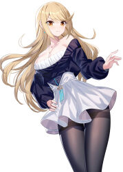 Rule 34 | 1girl, bare shoulders, black sweater, blonde hair, blush, breasts, brown pantyhose, cleavage, collarbone, earrings, highres, jewelry, large breasts, long hair, long sleeves, looking at viewer, mythra (xenoblade), necklace, off-shoulder sweater, off shoulder, pantyhose, ririko (zhuoyandesailaer), sidelocks, skirt, solo, sweater, swept bangs, thighband pantyhose, thighs, white skirt, xenoblade chronicles (series), xenoblade chronicles 2, yellow eyes
