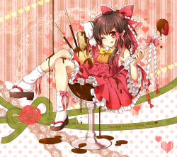Rule 34 | 1girl, :q, ;q, adapted costume, arm behind head, bare shoulders, bow, bowtie, brown eyes, chocolate, clog sandals, detached sleeves, female focus, food, frills, fruit, gohei, hair bow, hakurei reimu, happy valentine, highres, in food, mini person, minigirl, mise yuzuki, okobo, one eye closed, pocky, red eyes, sandals, solo, strawberry, tabi, tongue, tongue out, touhou, valentine, wings, wink