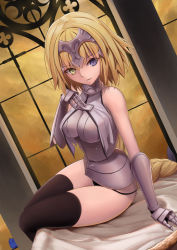 Rule 34 | 1girl, arm support, armor, bird, black panties, black thighhighs, blonde hair, braid, closed mouth, dutch angle, eyebrows, fate/apocrypha, fate/grand order, fate (series), gauntlets, headpiece, heterochromia, jeanne d&#039;arc (fate), jeanne d&#039;arc (ruler) (fate), jeanne d&#039;arc (third ascension) (fate), long hair, looking at viewer, no pants, panties, purple eyes, single braid, sitting, sleeveless, smile, solo, string panties, thighhighs, tsuki suigetsu, type-moon, underwear, very long hair, window, yellow eyes